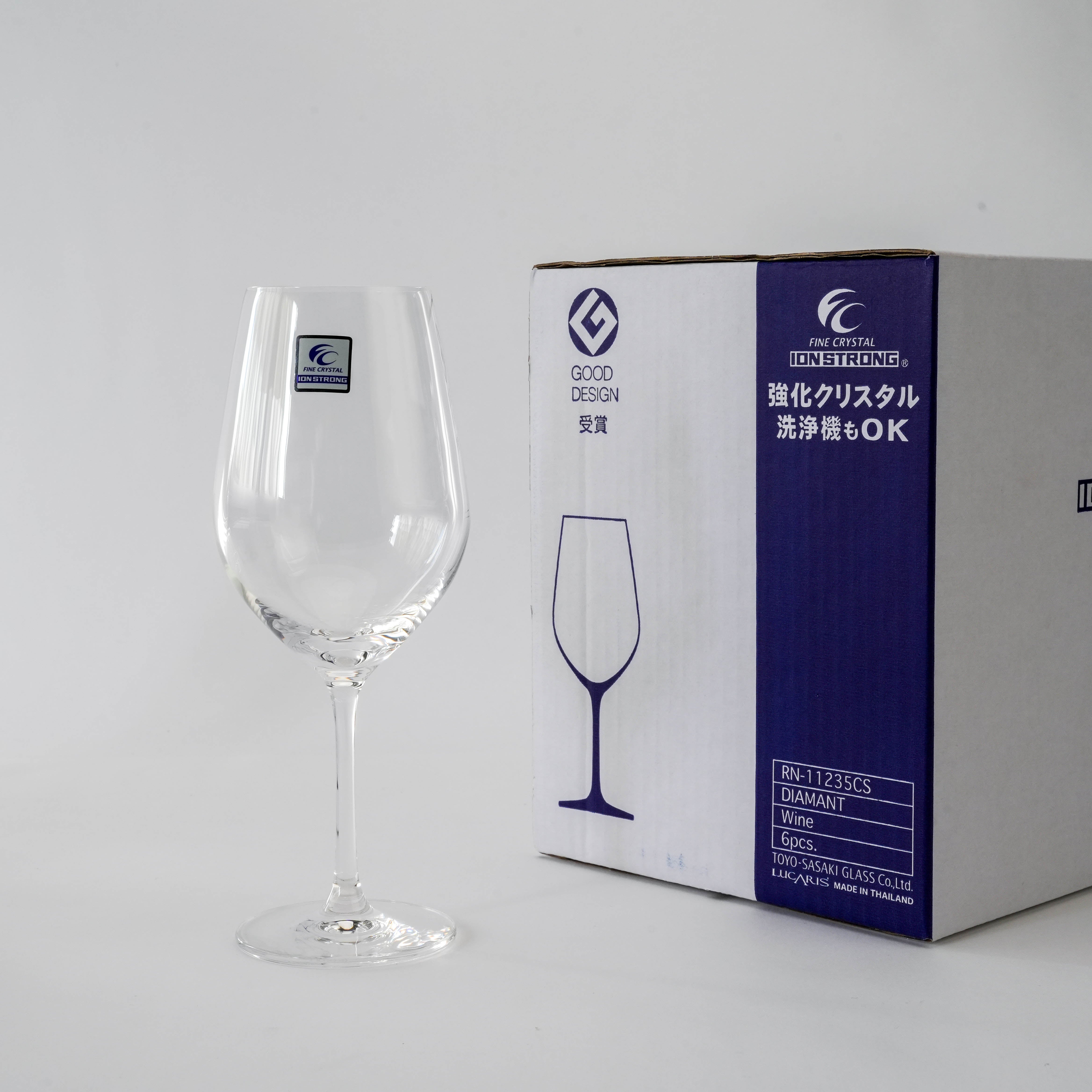 Toyo-Sasaki Fine Crystal Diamant Wine Glass 450ml displayed beside branded packaging, ideal for stylish and durable wine service.