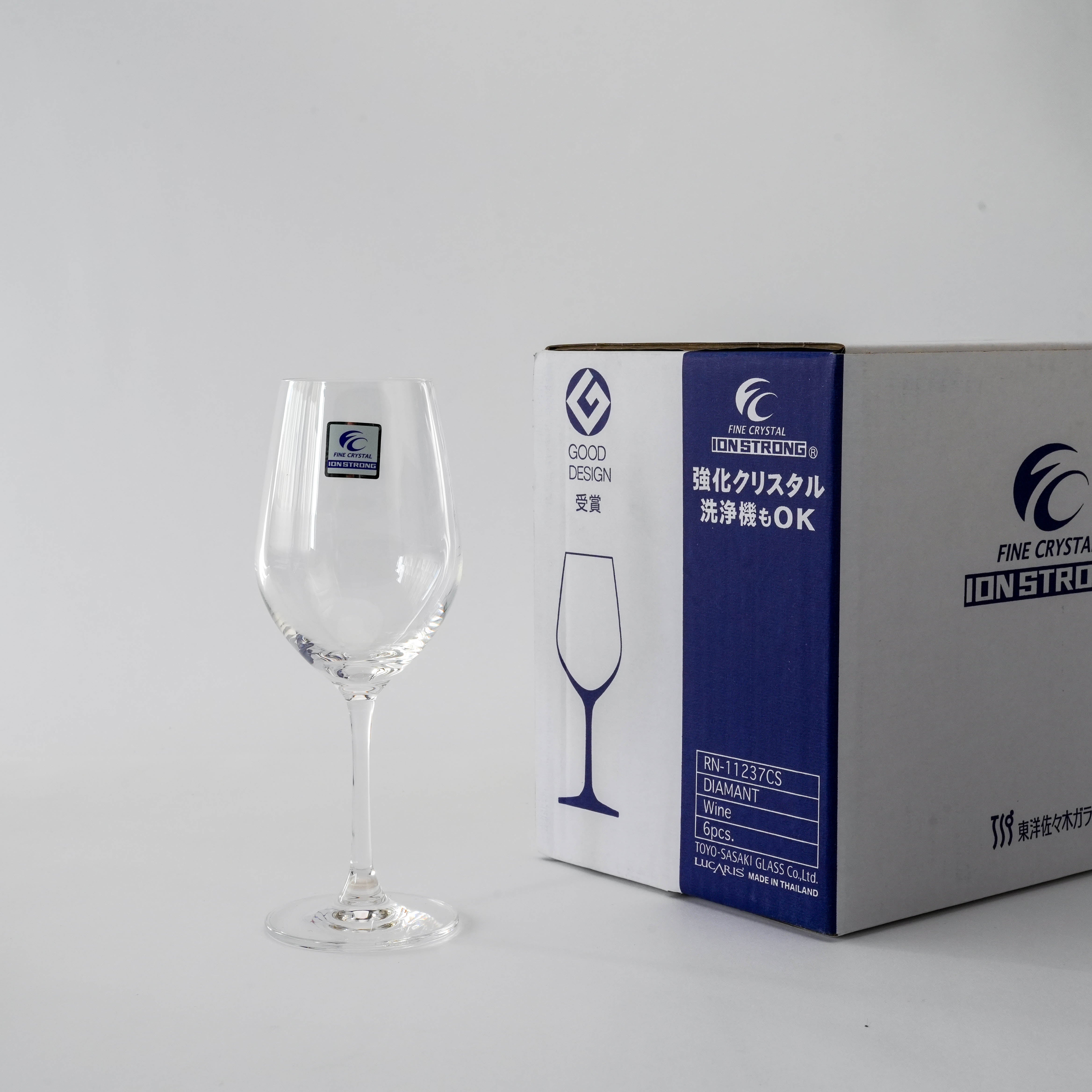 Toyo-Sasaki Fine Crystal Diamant Wine Glass 255ml shown with branded packaging, highlighting Ion Strong durability and premium design.