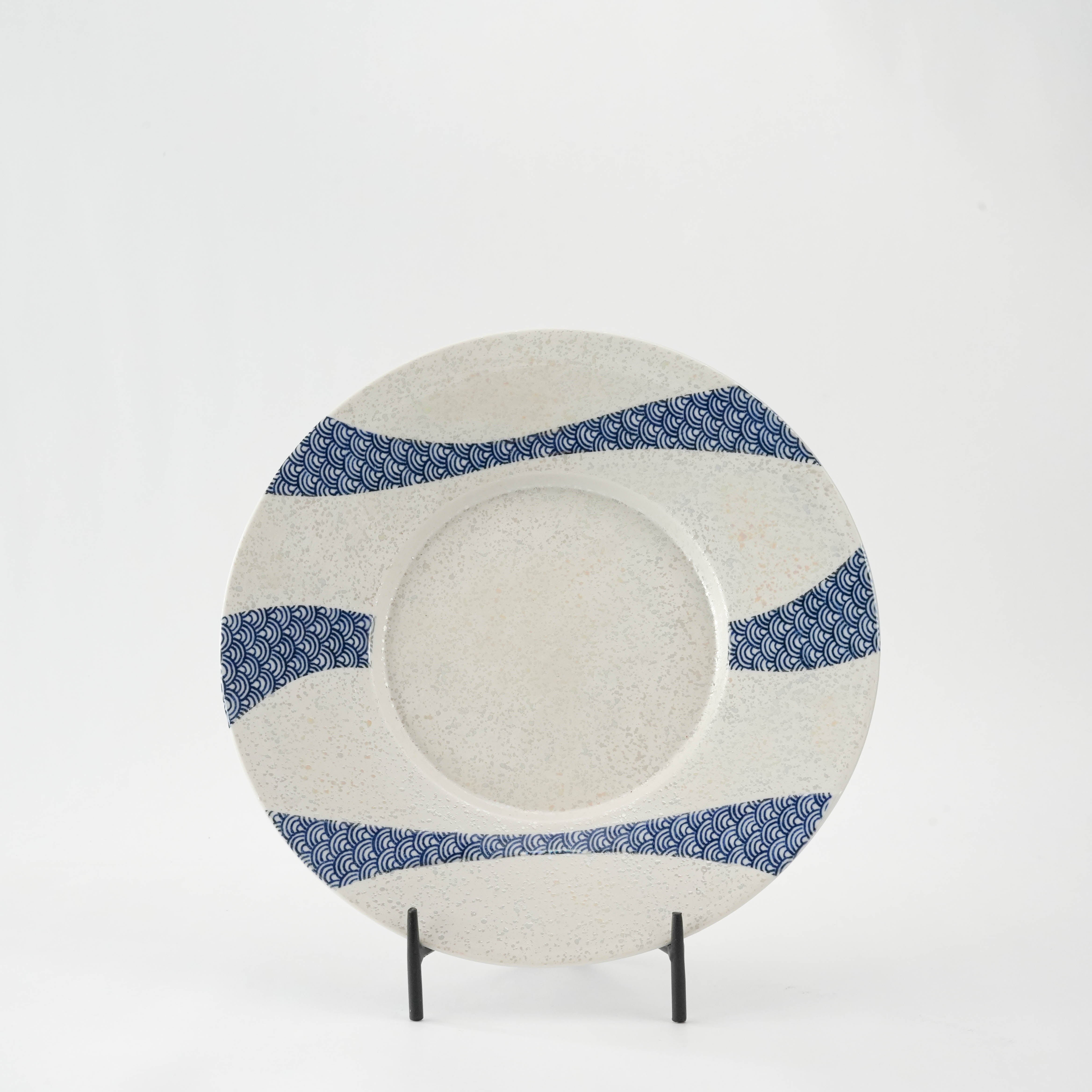Mino Ware Seigaiha Plate - Luster Round Plate | 24cm, Durable, Elegant with blue wave pattern on white ceramic, ideal for stylish dining.