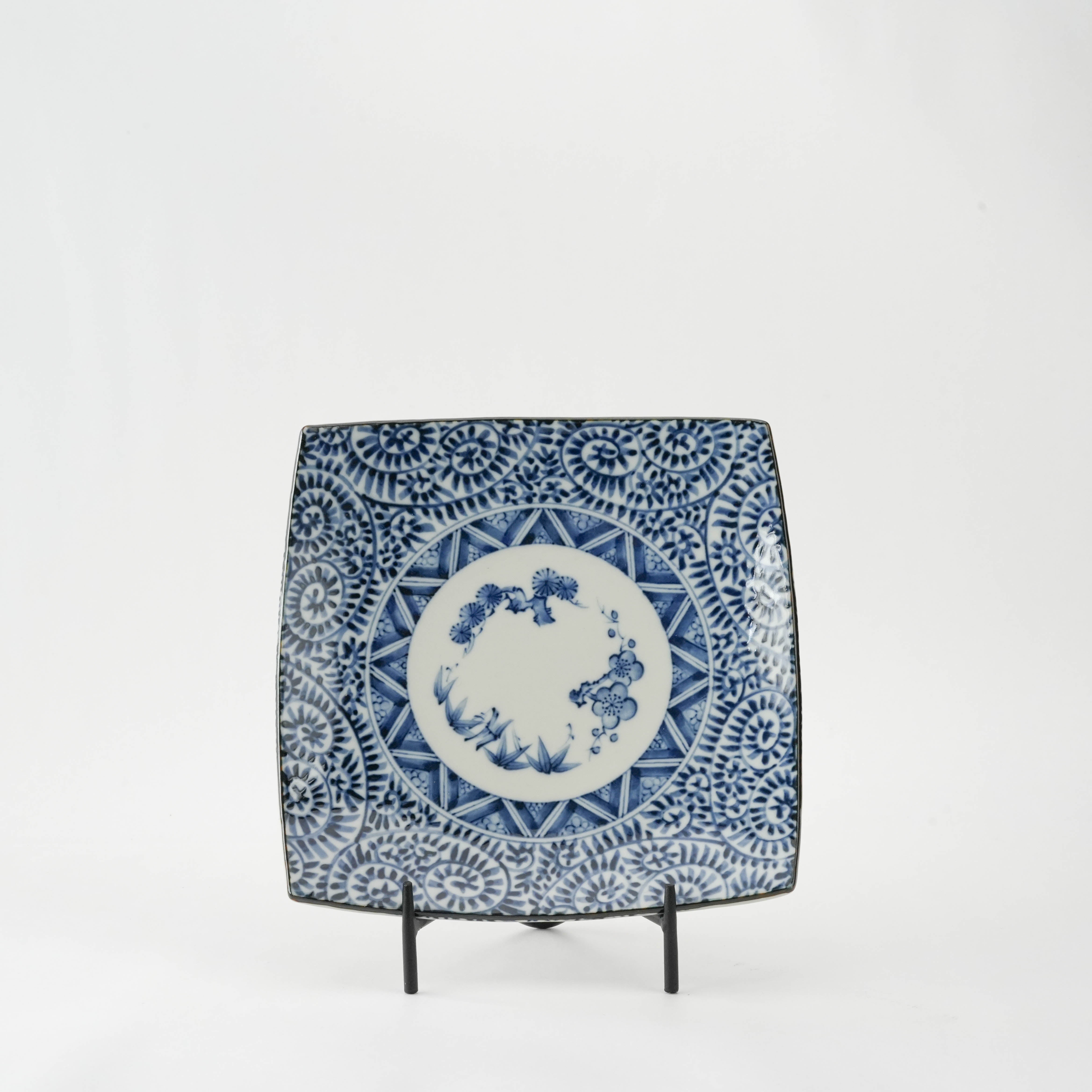 Mino Ware Square Plate - Tako Karakusa Japanese Plate with indigo floral patterns and traditional design, ideal for sushi or desserts.