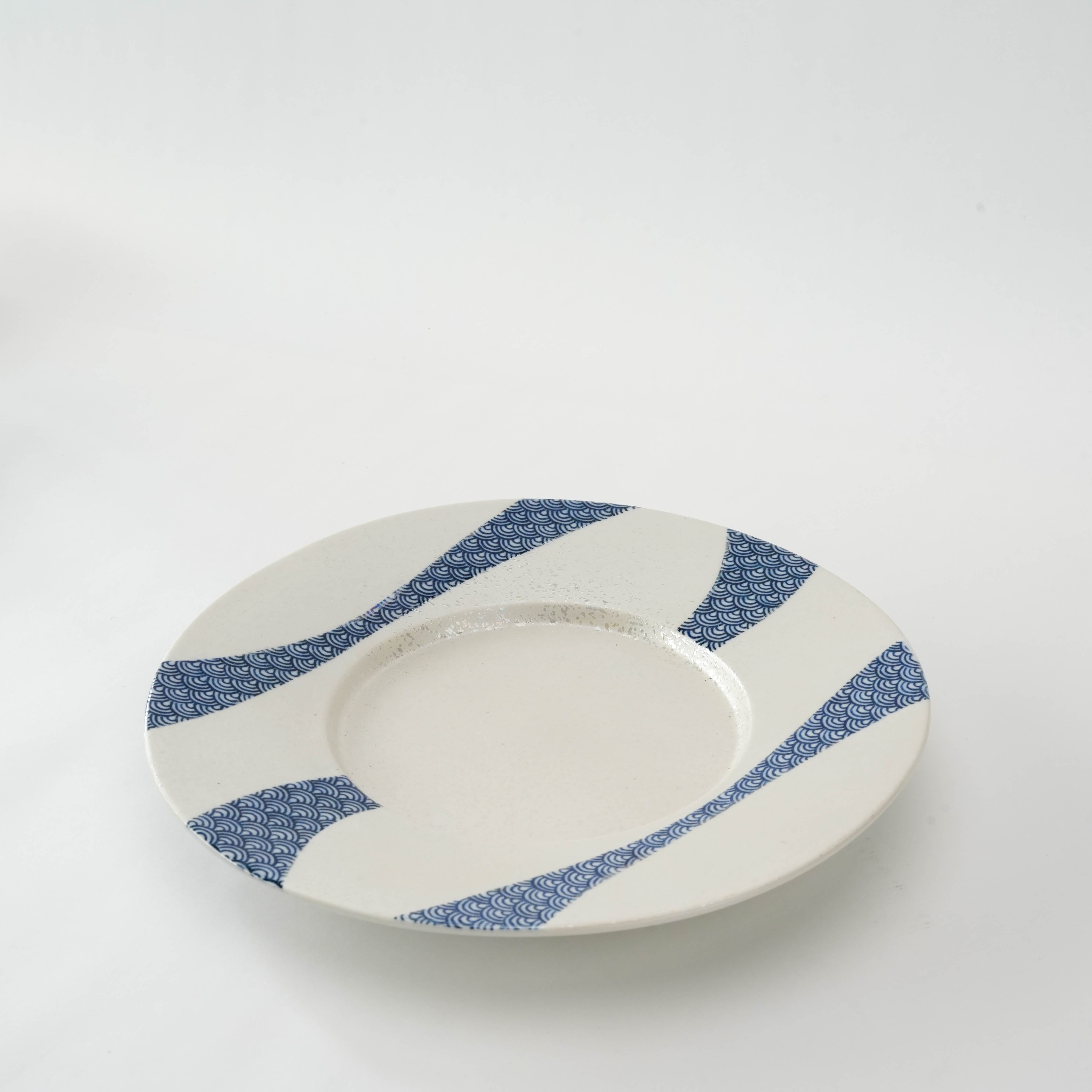 Elegant 24cm Mino Ware Luster Seigaiha Plate featuring traditional blue ocean wave design, perfect for modern or classic table settings.
