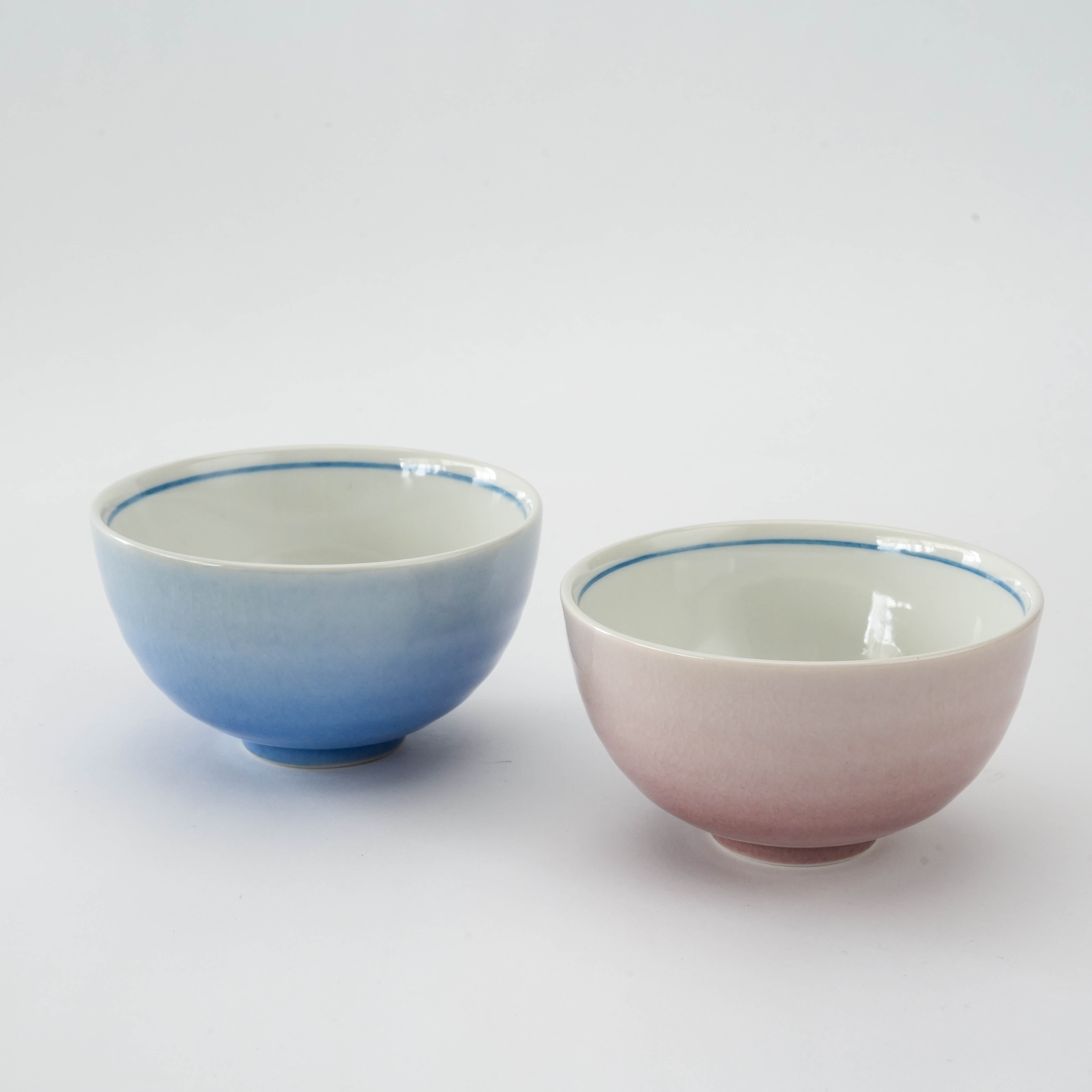 Kutani Ware Dinner Set - Blue Pink Porcelain | Kutani Craft includes a pair of rice bowls in pastel blue and pink, showcasing elegant Japanese design.