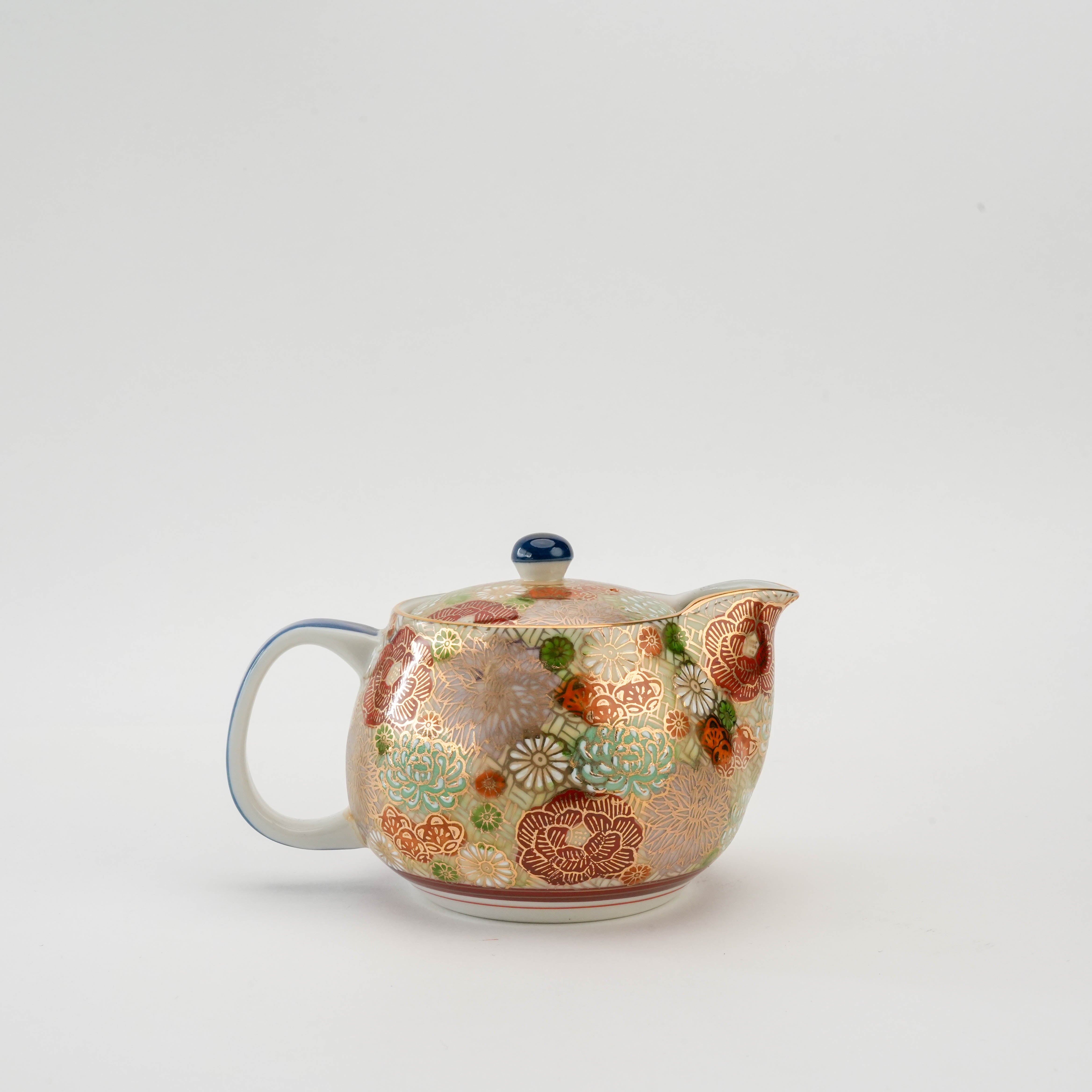 Side view of Kutani Teapot - Floral Harmony 360ml showcasing intricate floral patterns and ergonomic handle for daily or special use.