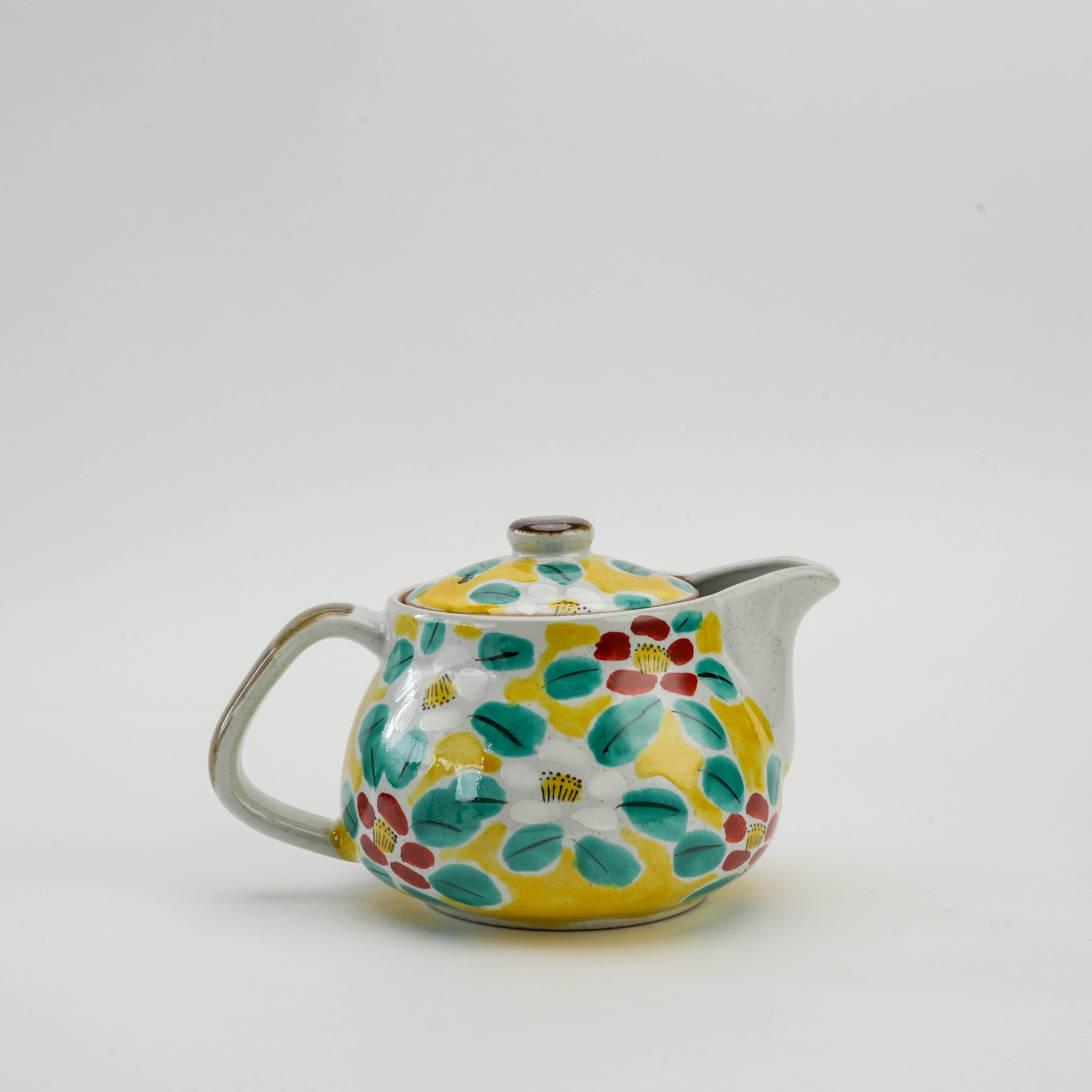 Side view of Kutani Ware Yellow Blossom Teapot featuring vibrant hand-painted flowers and ergonomic handle. Ideal for elegant tea service.