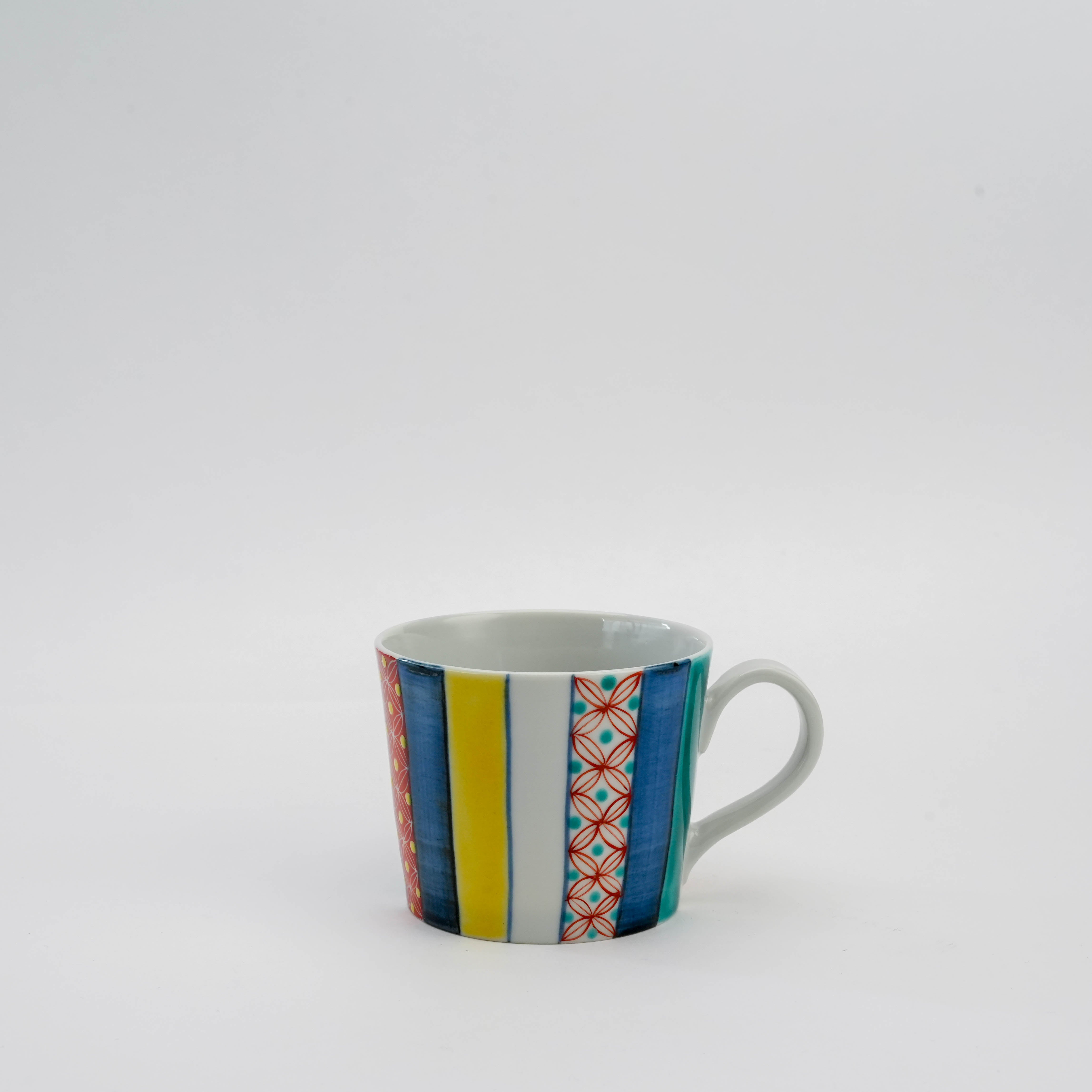 Kutani Stripe Mug with hand-painted komon pattern and multicolor vertical stripes. Japanese ceramic drinkware for stylish coffee moments.