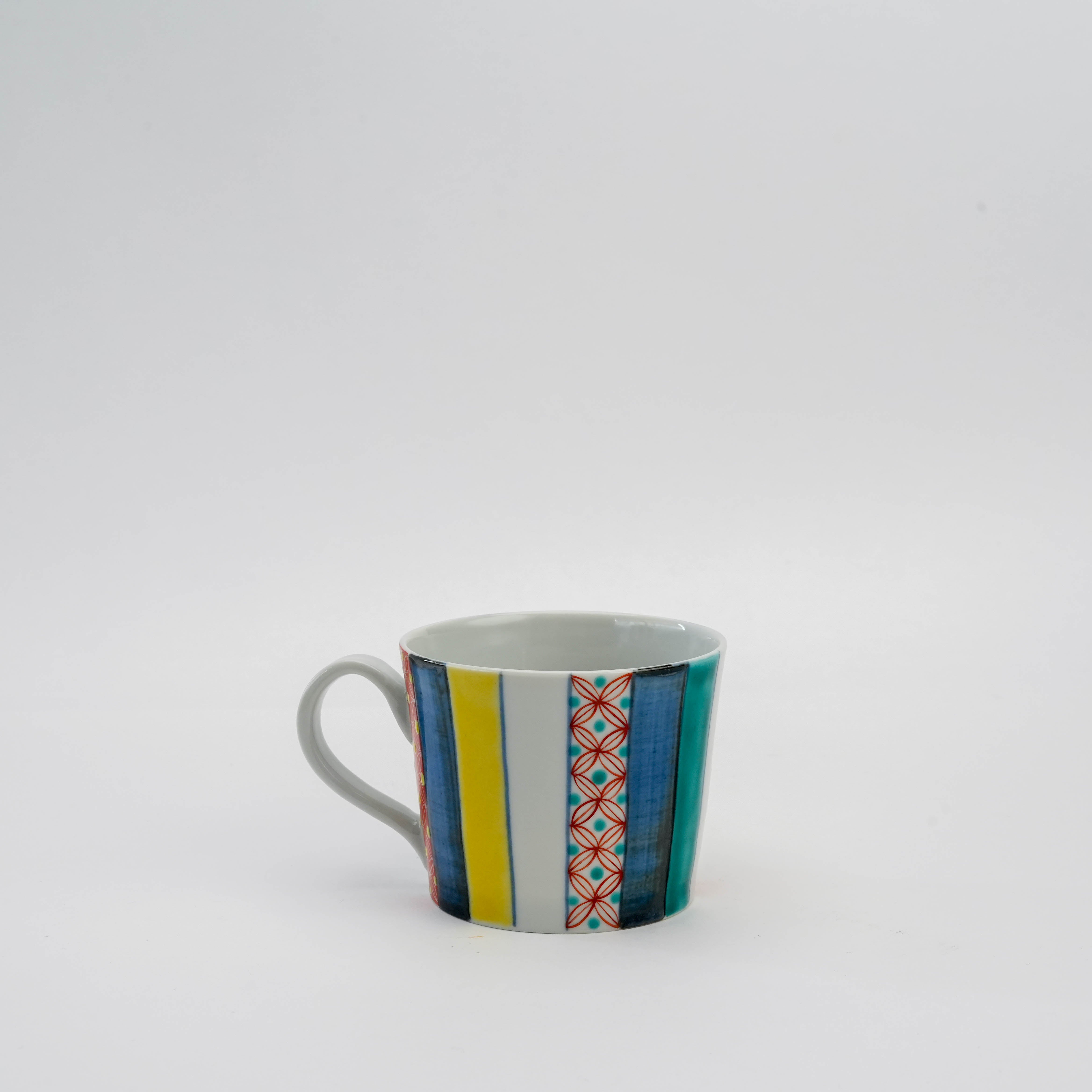 Hand-painted Kutani Komon Mug featuring bold stripes in blue, yellow, and red. Elegant Japanese mug for kitchen and dining decor.