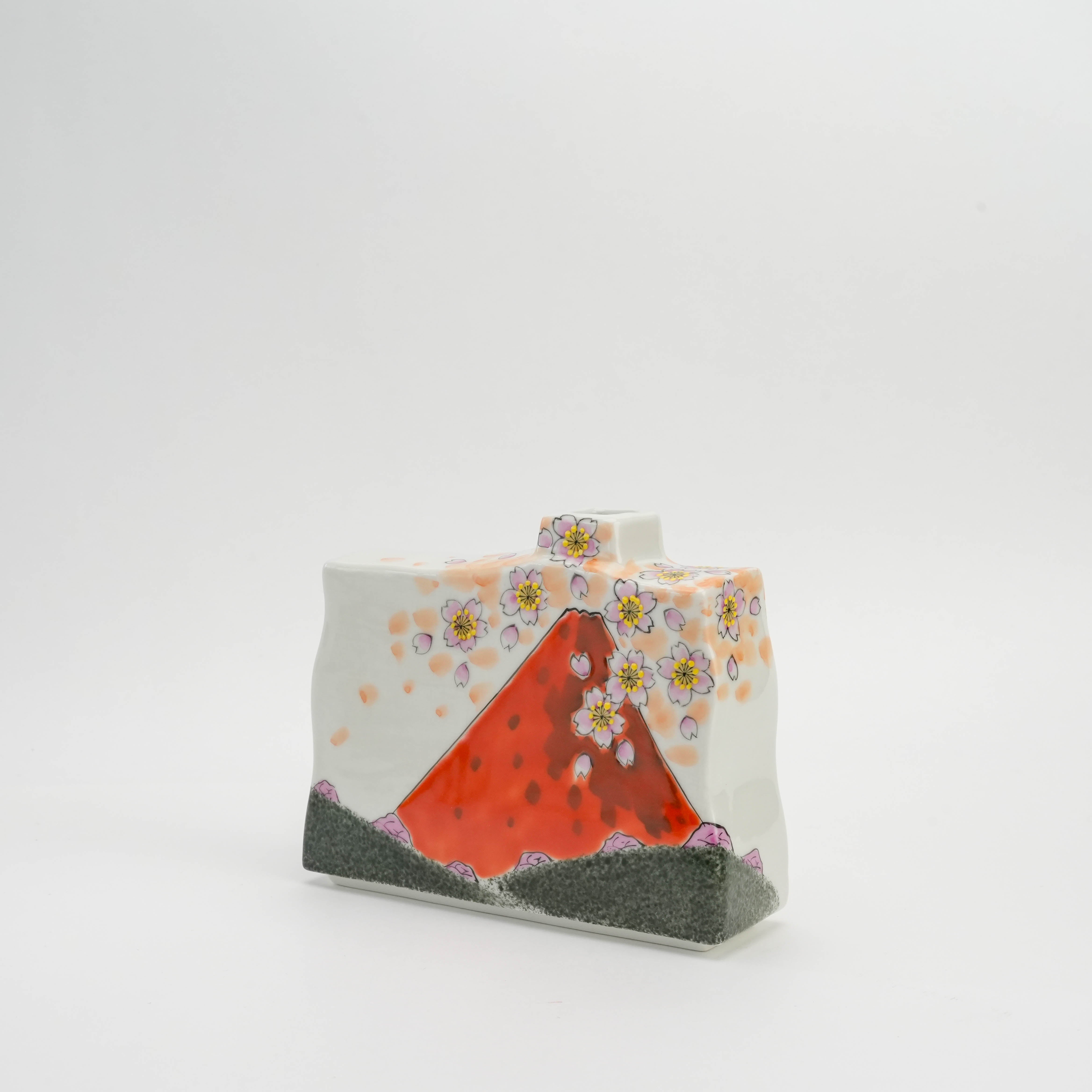 Side view of Kutani Ware Vase featuring Red Fuji and cherry blossoms, perfect Japanese porcelain accent for minimalist floral displays.