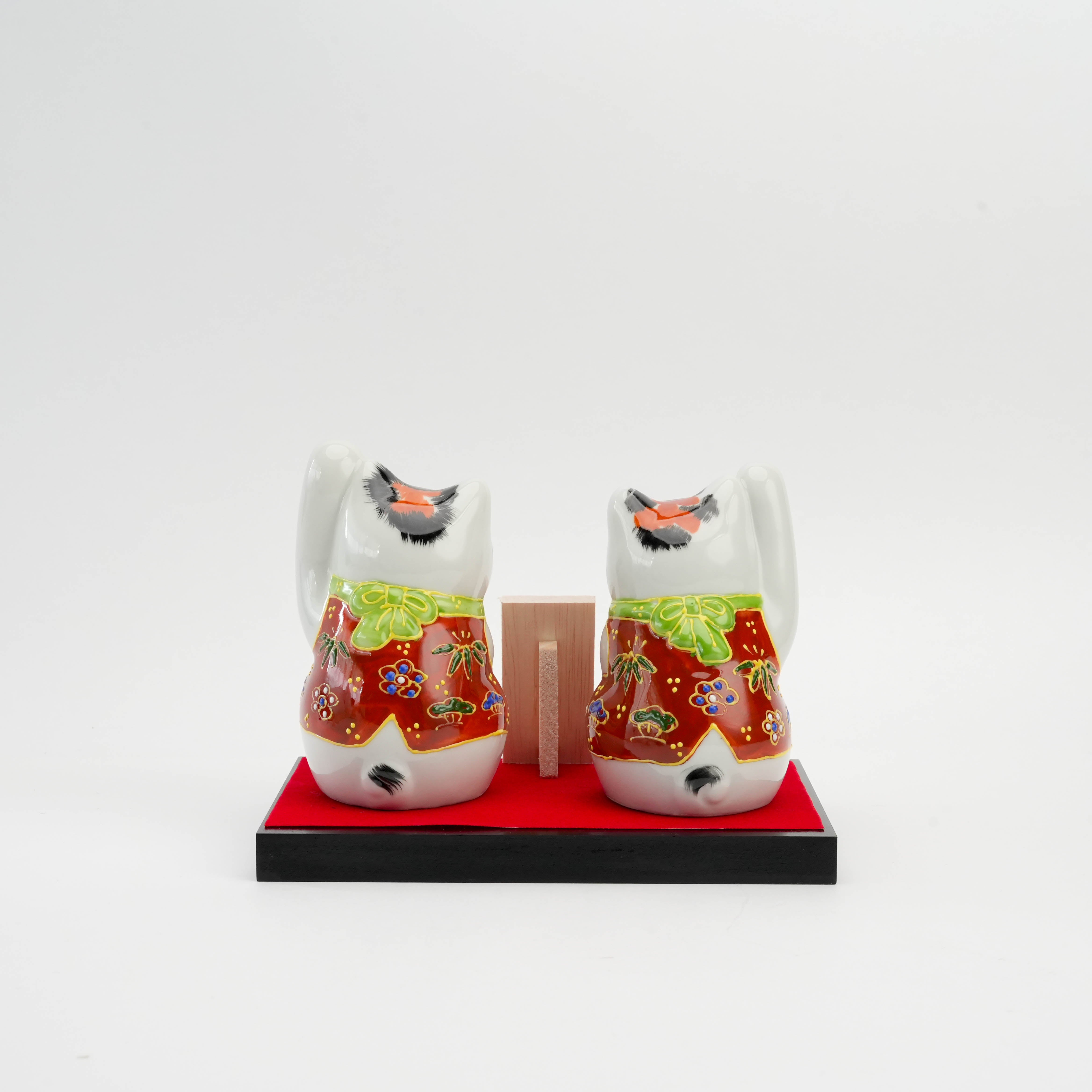 Back view of Kutani Calico Lucky Cats - Custom Cat Ornament showing detailed kimono patterns, perfect for symbolic home or office charm display.