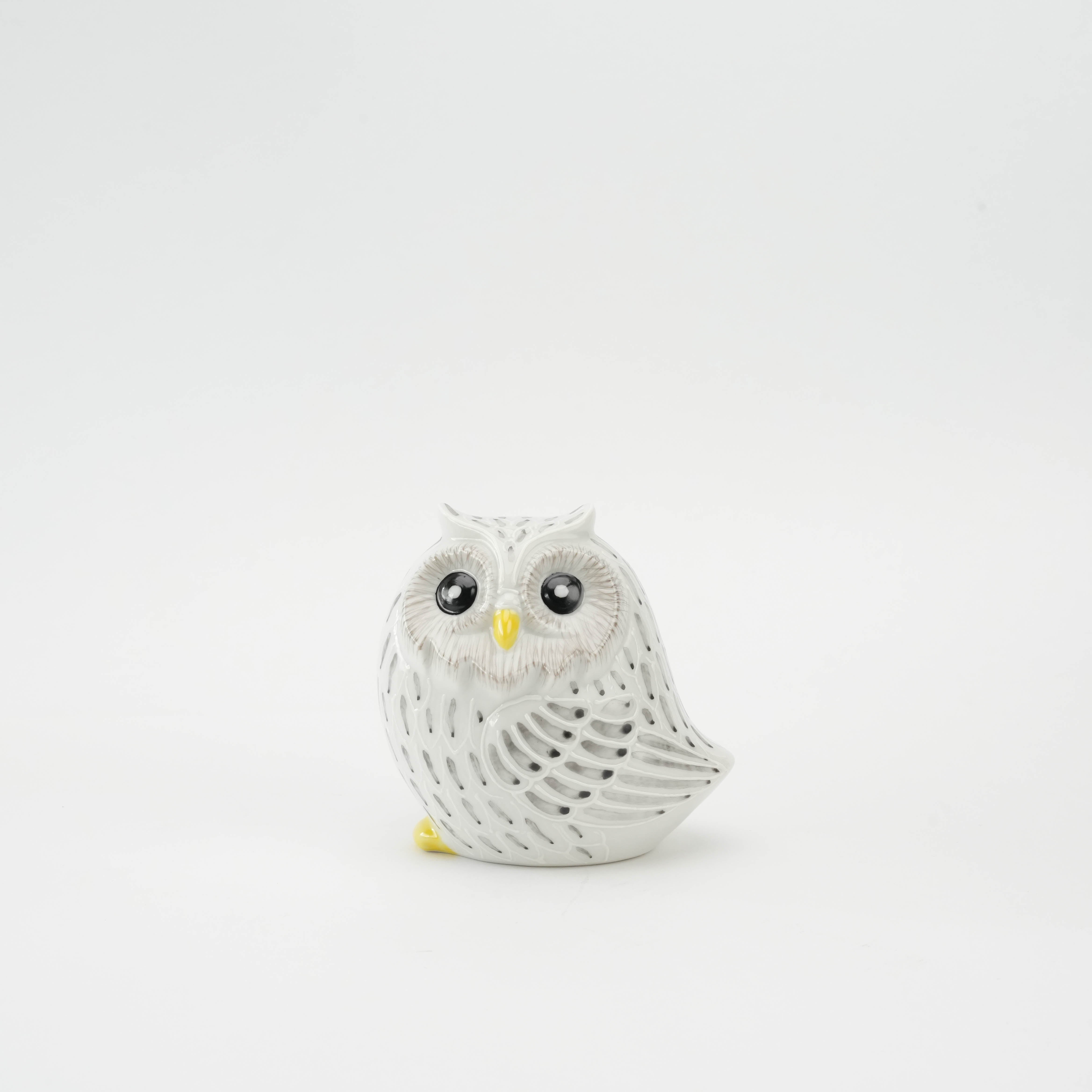 Kutani Owl Figurine with white glaze and black feather detailing, symbolizing wisdom and luck. Compact size ideal for home decor or gifting.