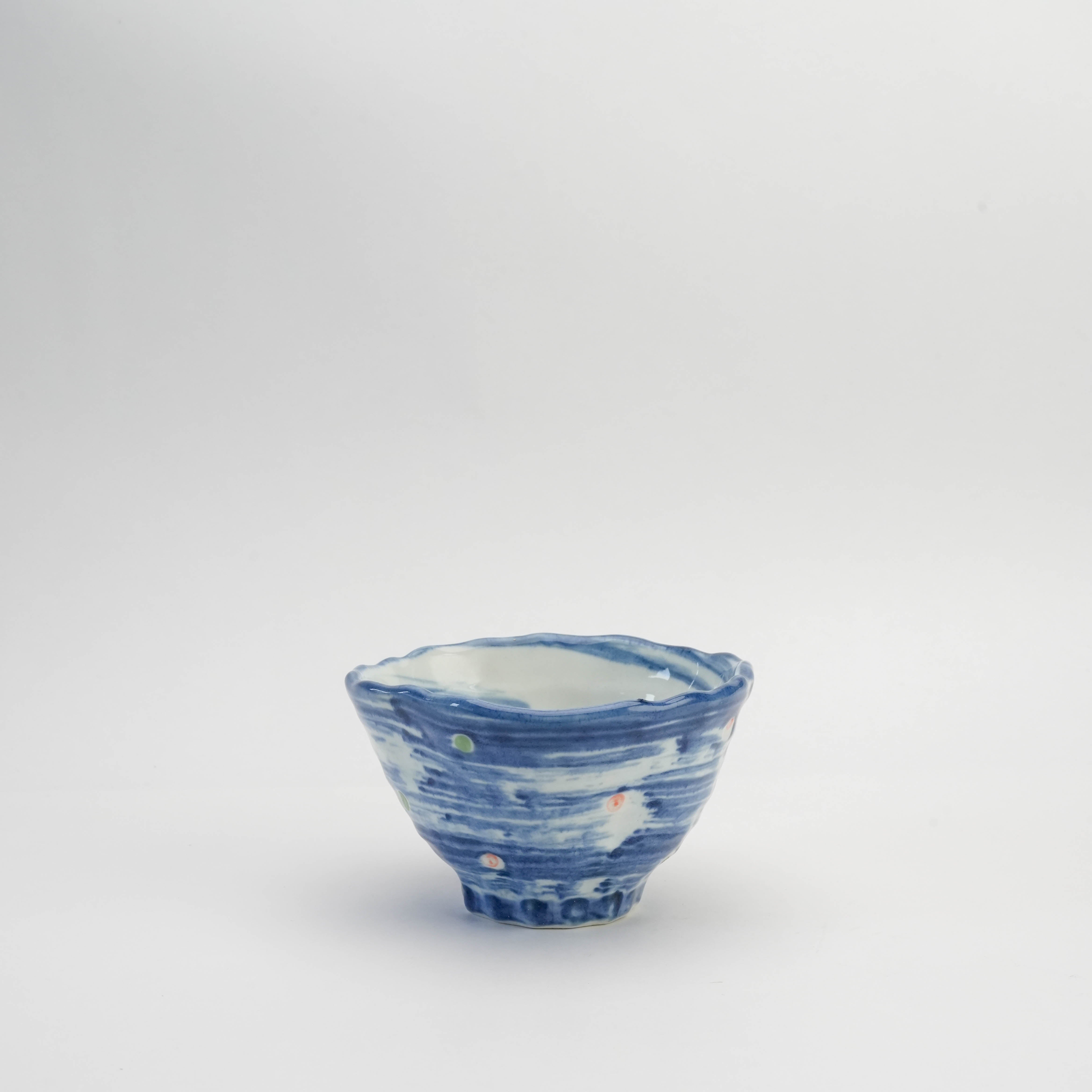 Mino Ware Donburi Bowl - Japanese Bowl with indigo glaze and polka dot design, featuring a tri-pressed shape ideal for rice or noodle dishes.