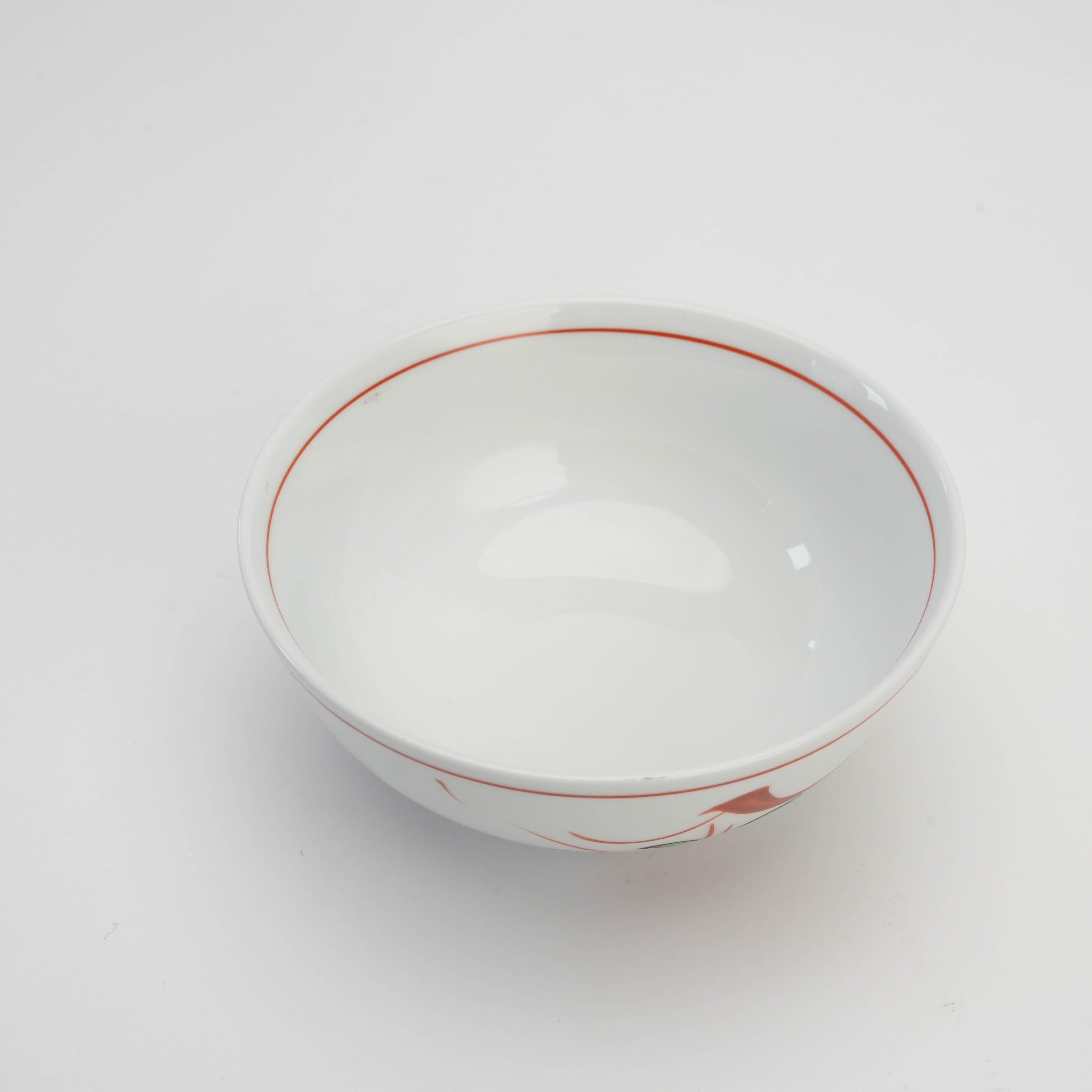 Top view of Mino Ware Kyo-Kohana medium flat bowl, highlighting its smooth white interior and delicate red rim accent.