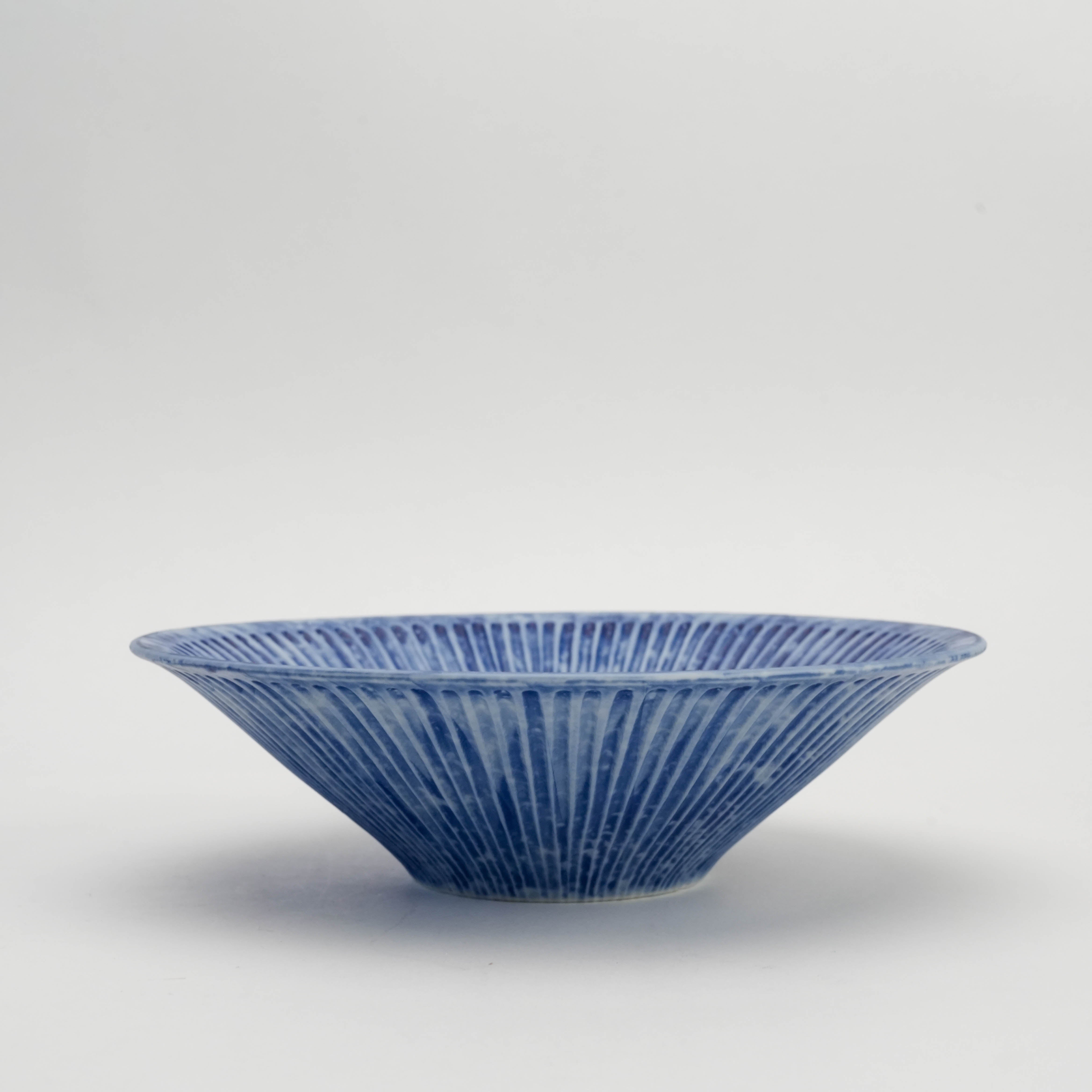 Handmade Mino Ware Indigo Blue Shinogi Bowl featuring traditional Japanese craftsmanship and radial carved detailing in dinnerware.