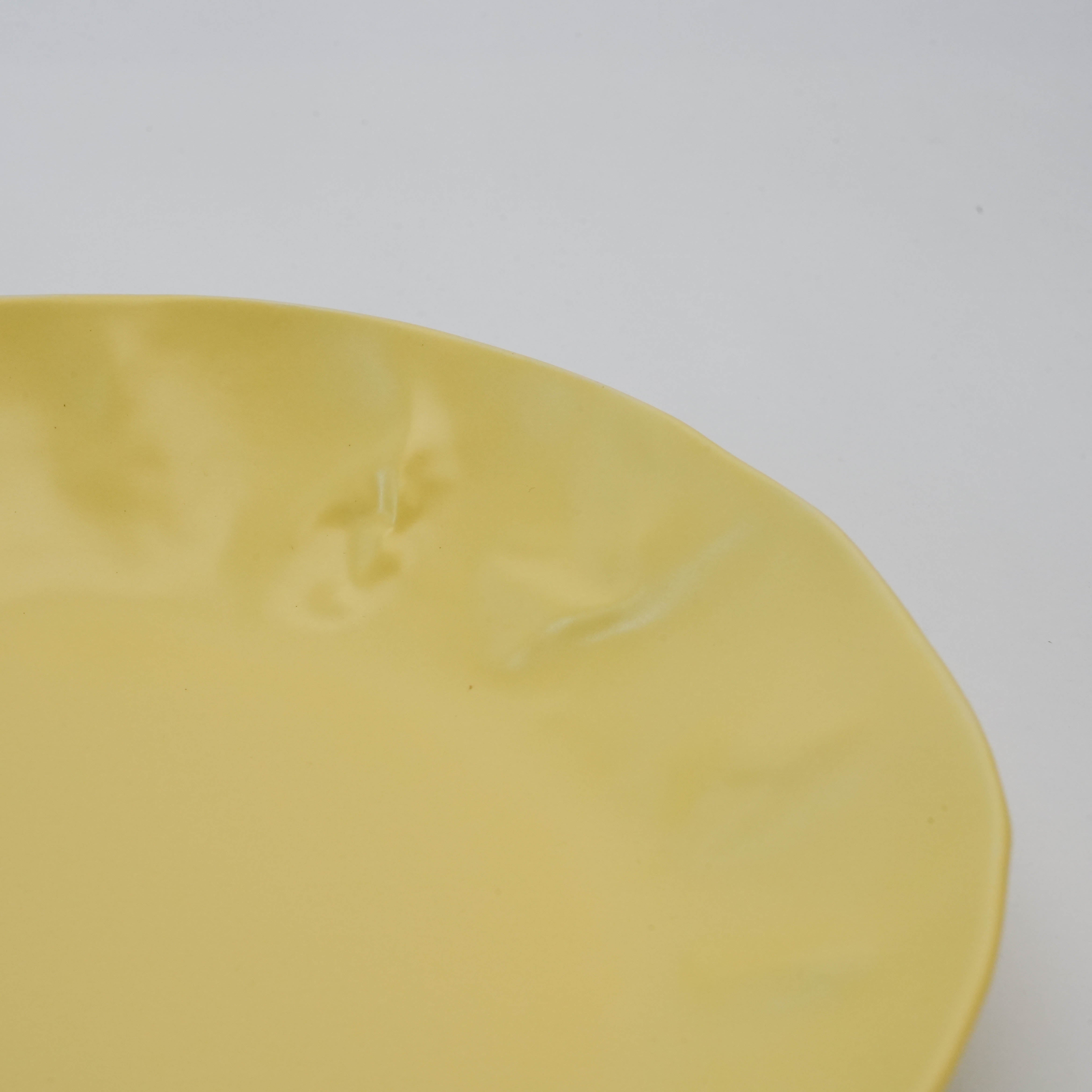 Close-up of yellow Hasami Ware Papyrus Dish showing detailed texture and smooth ceramic finish for elegant tableware presentation.