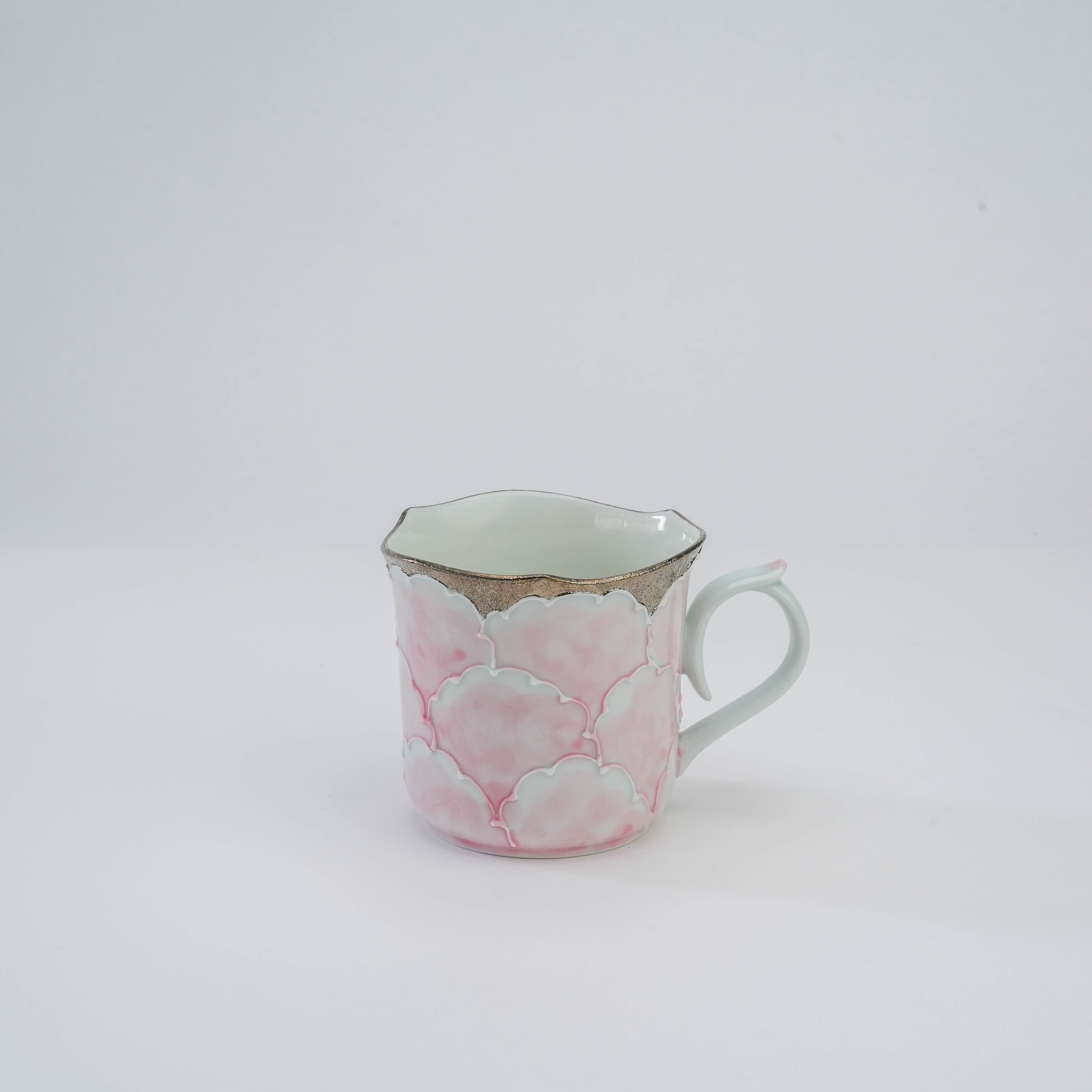 Arita Peony Mug - Porcelain Bunzan Kiln with hand-painted pink peony petals and silver rim, ideal for elegant tea or coffee settings.