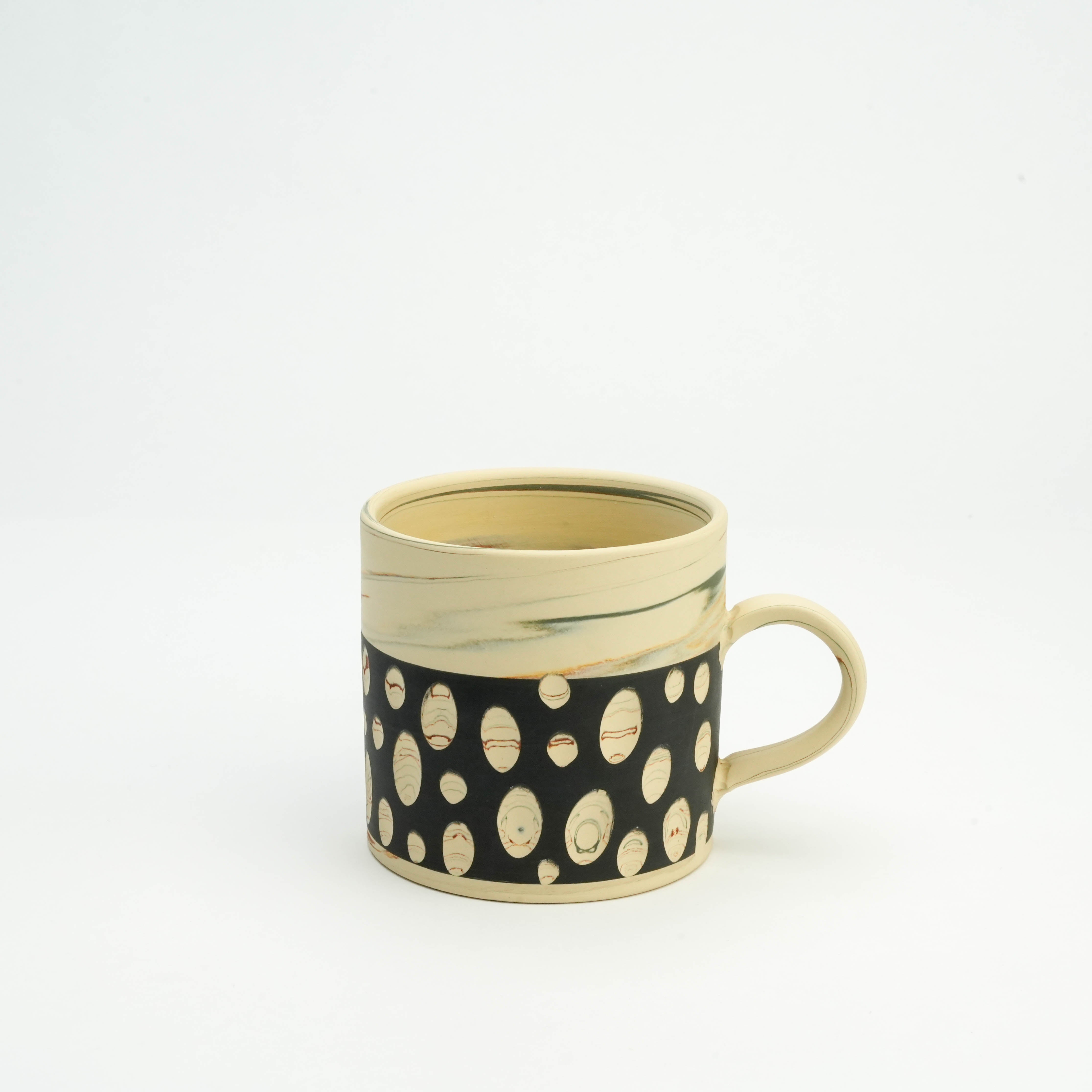 Tokoname Ware Polka Dot Mug - Black with handcrafted Japanese design, featuring marbled polka dots on matte black band. Ideal for tea or coffee.