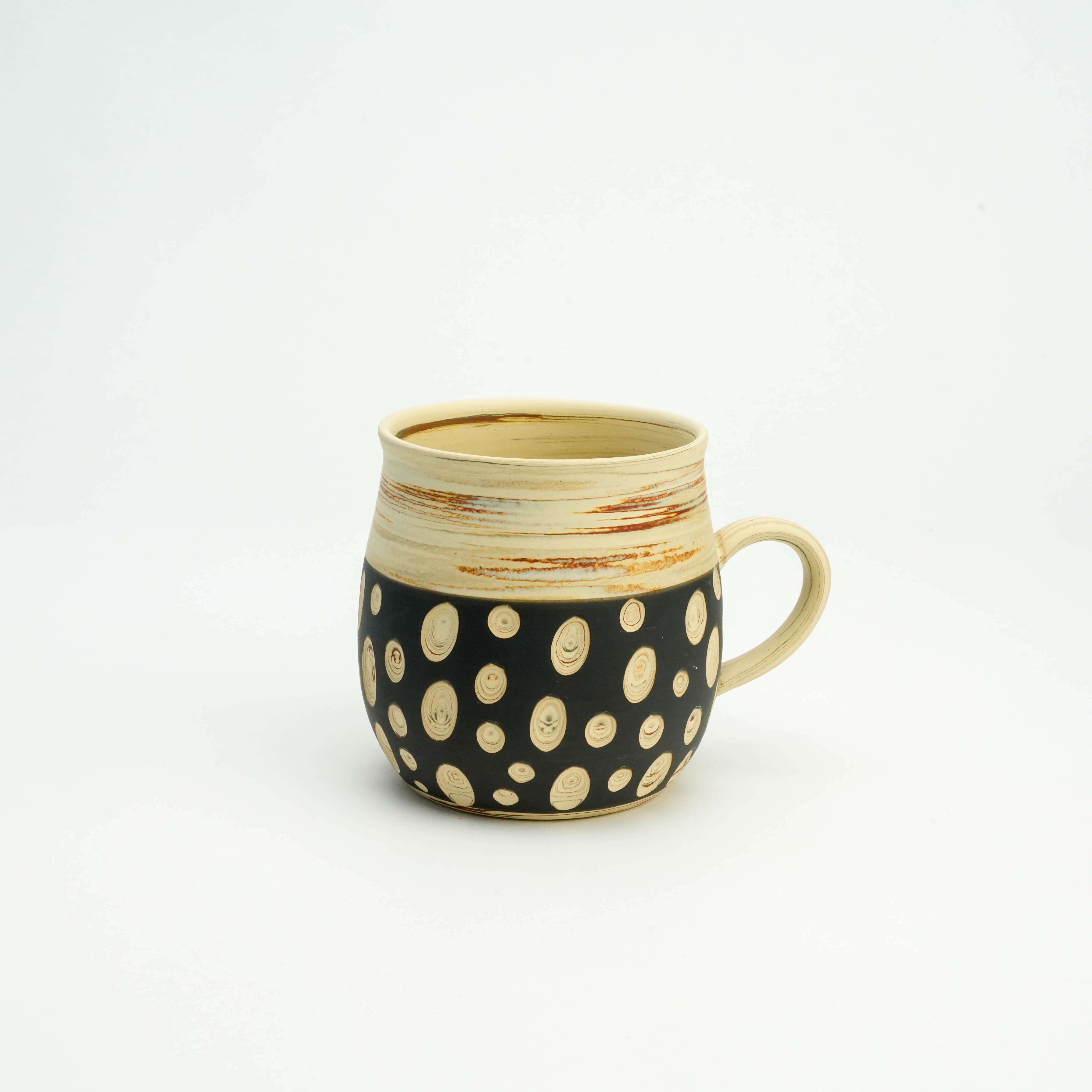Tokoname Mug - Handcrafted Ware | Polka Dots, Kenji Touen in black with cream handle and circular dot pattern, ideal for artisan drinkware collections.