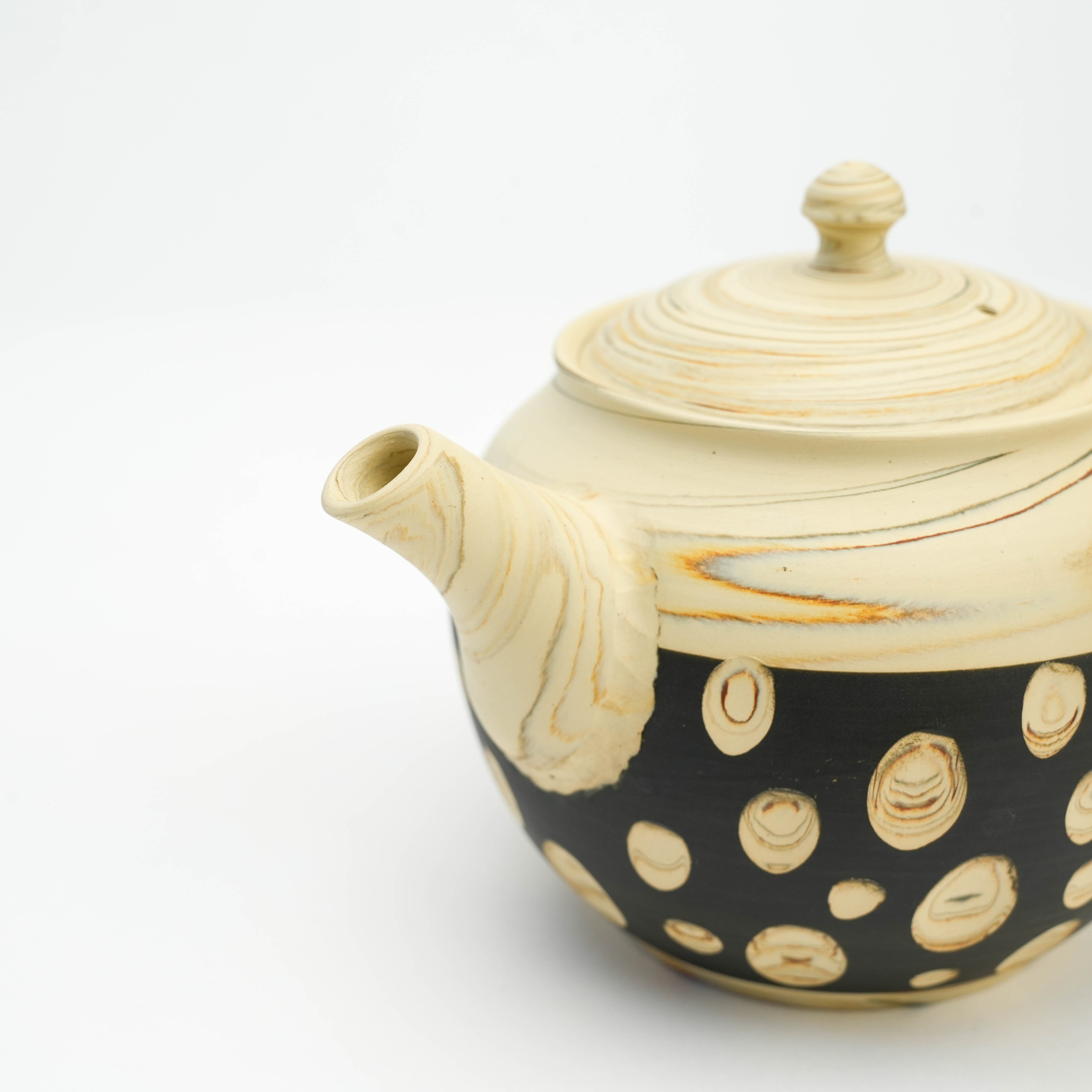 Spout and body of Tokoname Polka Dot Teapot highlighting Japanese craftsmanship and unique marbled clay design.
