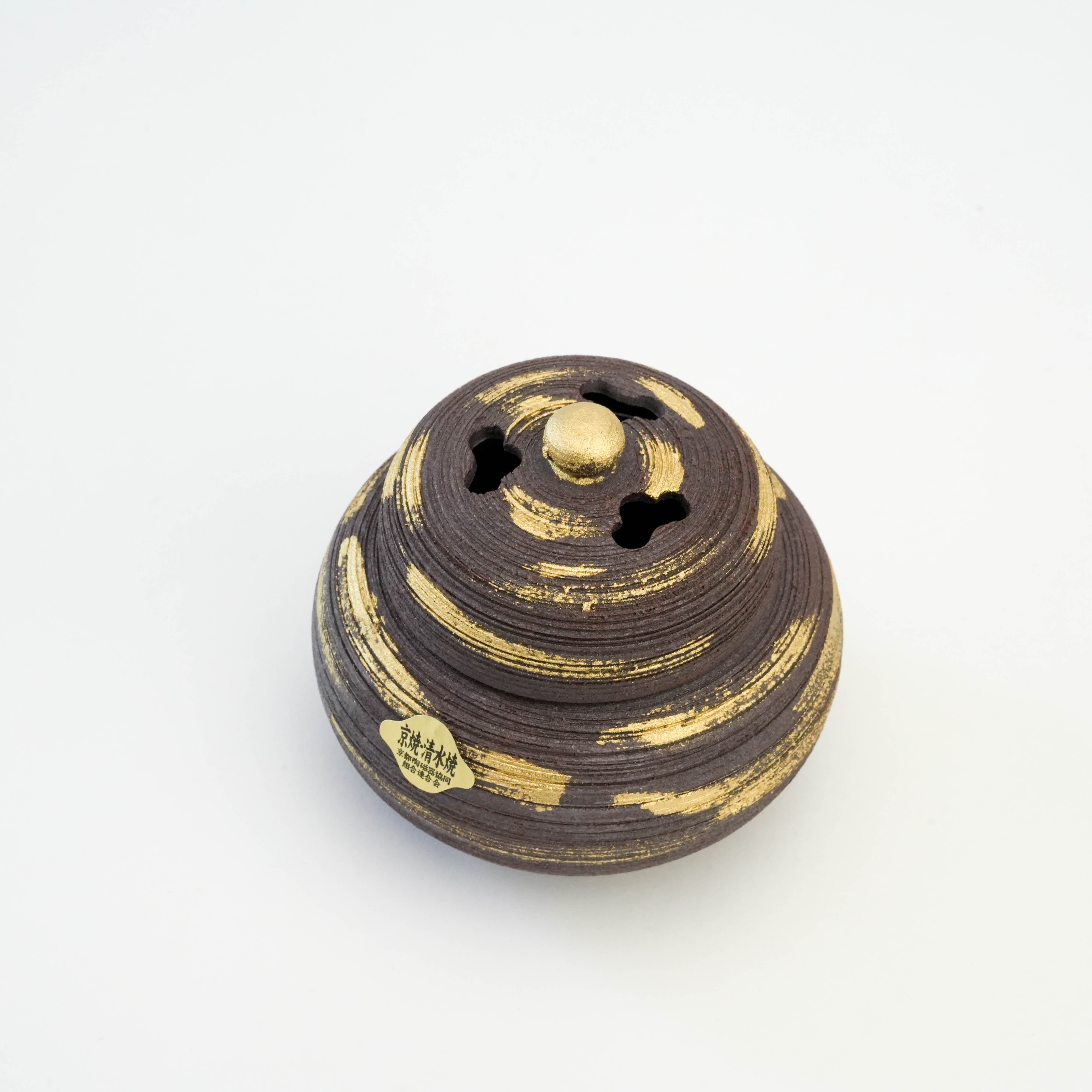 Top view of Shoyeido Incense Censer - Nanban Style showing decorative lid with ventilation holes and gold embellishments.