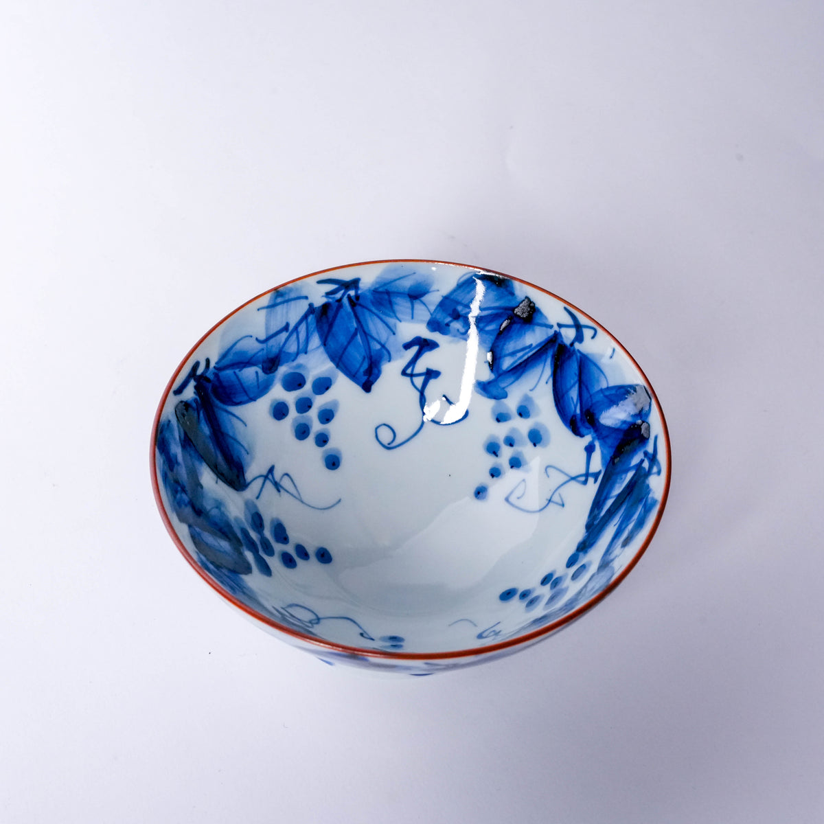 Side view of the blue and white Japanese porcelain bowl with floral and abstract patterns, red rim, and elegant shape for dining