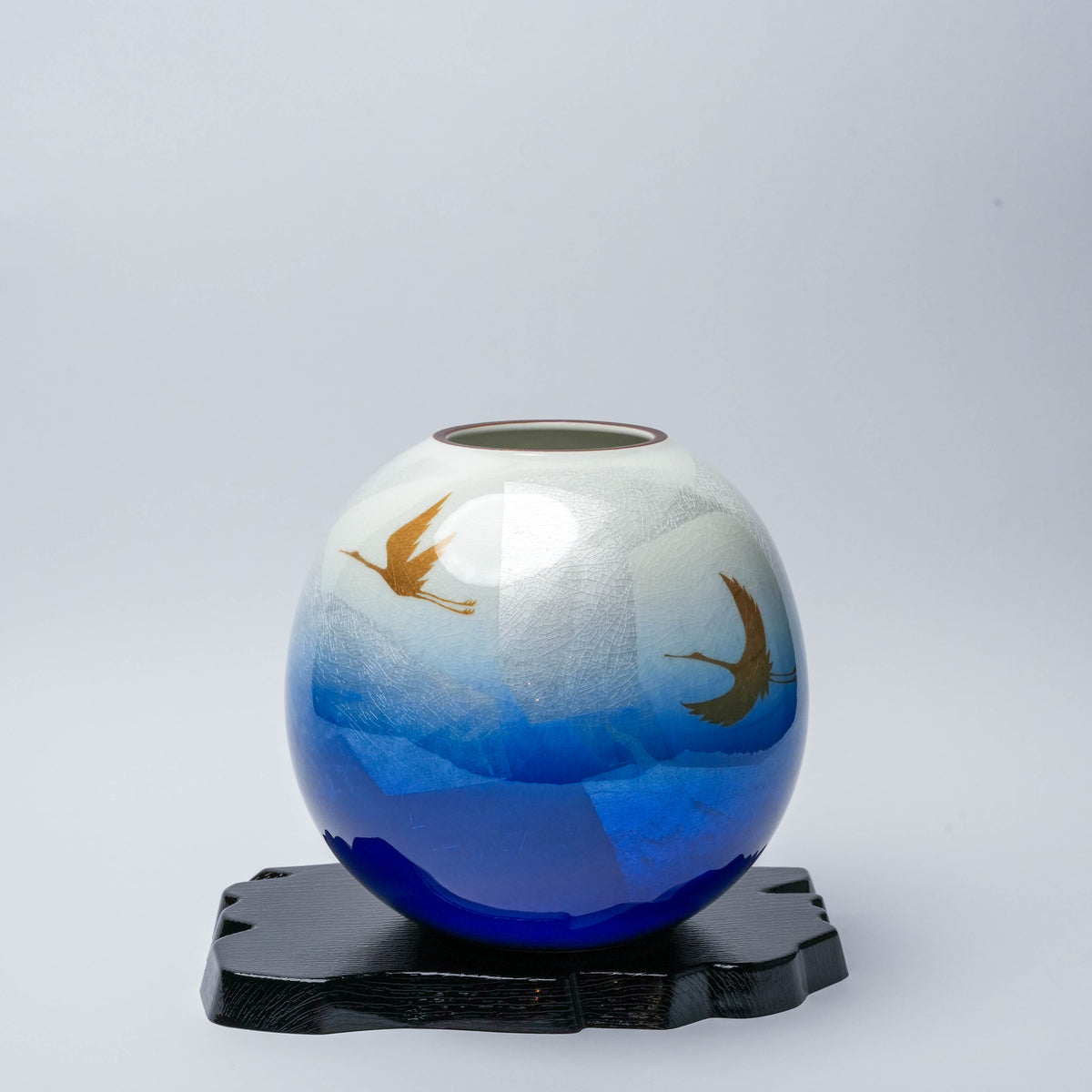 Kutani Ware Ginsai Blue Twin Crane Vase