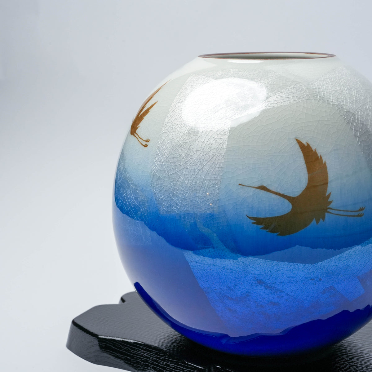 Kutani Ware Ginsai Blue Twin Crane Vase