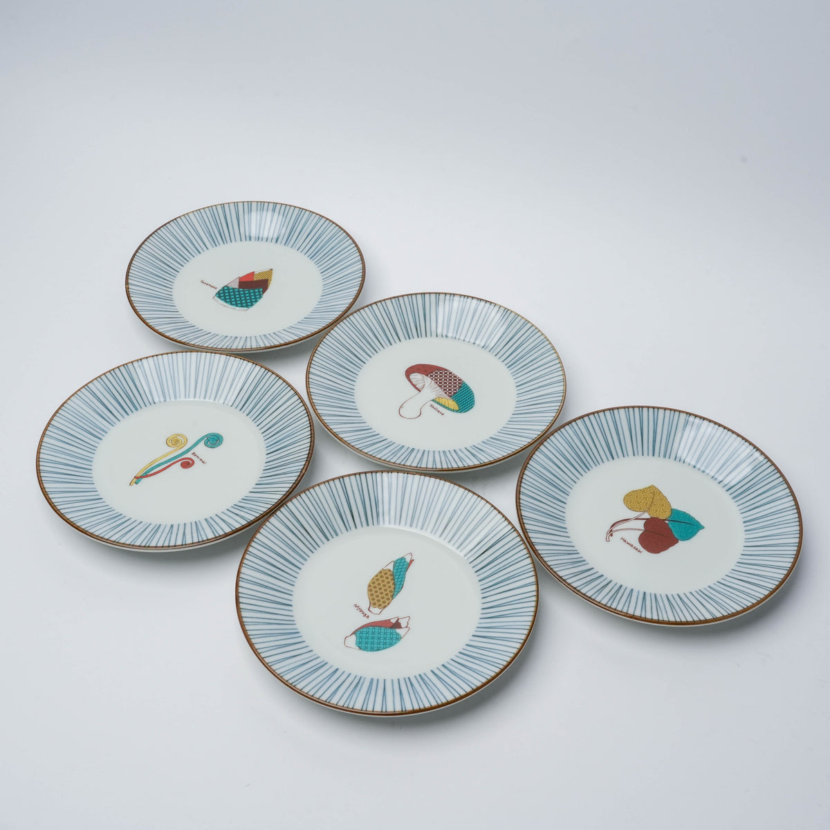 Kutani Ware Blue Rim Mountain Harvest Small Plate Set of 5